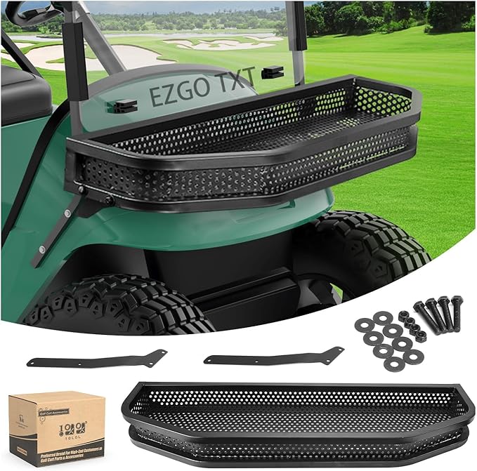 10L0L Golf Cart Front Cargo Basket for EZGO TXT/RXV、Club Car DS/Precedent、Yamaha G22/G29 - Heavy-Duty Steel Mesh Storage Rack, Gas/Electric Compatible