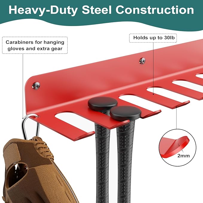 QBA Wall Mount Baseball Bat Holder, Heavy Duty Metal Bats Rack, Holds 14 Bats, Bat Organizer for Dugout Fence Home Garage (Red)