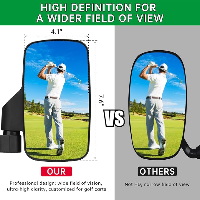 SHEJISI Golf Cart Mirrors,Golf Cart Mirrors Rear View is Universal Fits 0.7"-1.35" Square Rail,No Drilling,360° Rotation,Foldable,High Definition,Durable Anti-Shudder,Fits Club Car,EZGO,Yamaha,Zone