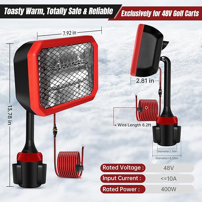 Electric Golf Cart Heater (2nd Gen) with 360 Degree Adjustable Angle, Battery Powered Golf Cart Heater, 400W Silent Carbon Fiber Heating for Club Car/Yamaha/EZGO Golf Cart