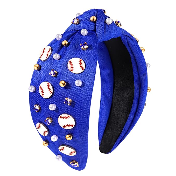 Baseball Headband for Women Baseball Accessories Beaded Crystal Pearl Knotted Headbands Baseball Charm Embellished Headband Wide Top Knot Sports Game Day Headband Gifts (A-Navy Blue)