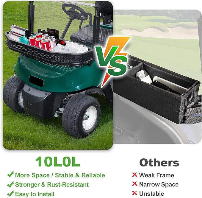 10L0L Golf Cart Front Cargo Basket for EZGO TXT/RXV、Club Car DS/Precedent、Yamaha G22/G29 - Heavy-Duty Steel Mesh Storage Rack, Gas/Electric Compatible