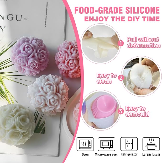 JDH 2 PCS Rose Ball Round Candle Mold 3D Rose Flowers Silicone Mold Flower - Image 4