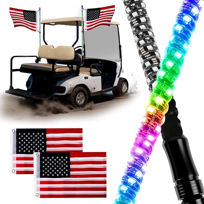 iLSKW 2-Pack 3FT Golf Cart LED Whip Lights Holder, for 1" Square Rails, APP&Remote Control RGB Whips, with Brake Turn Reverse Signal Function, for 36V 48V 72V Golf Carts (Included DC Converter)
