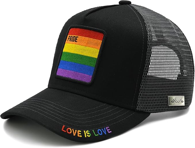 Unisex Pride Trucker Hat, LGBT Rainbow Stripes Embroidered Baseball Cap, Adjustable Snapback Mesh Hat for Men Women