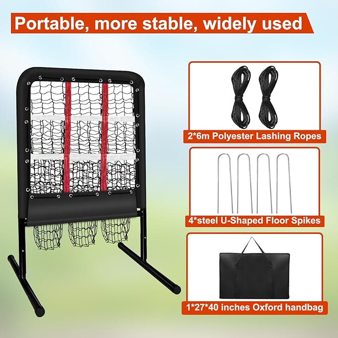9 Hole Pitching Net with Strike Zone and Handbag, 2X3' Fixed by 4 Ground Stakes or 2 Sandbags. Adjustable Heights(39-46in) for Pitching Target Net