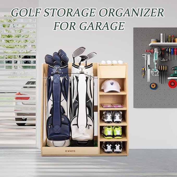 WINGYZ Premium Birch Plywood Golf Bag Storage for 2 Bags | 36lb Rock-Solid Golf Bag Organizer | 7-Shelf Command Center | Artificial Turf 12-Ball Display | No Wall Mounting Required (Natural)