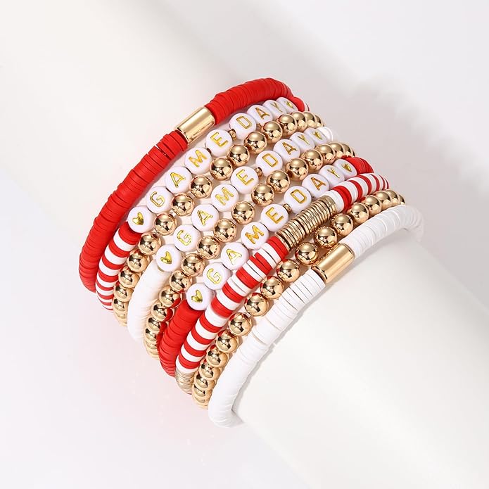 NLCAC 9 Pack Game Day Bracelets Stackable Heishi Beaded Stretchy Bracelet Preppy Jewelry Baseball Football Team Bracelets Sports Fan Accessories Gifts