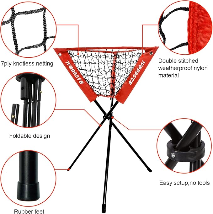 BaseGoal 6'×6' Baseball Softball Practice Net,Baseball Backstop,with Batting Tee,Ball Caddy,for Hitting Pitching Batting Catching with Bow Frame,Bonus Strike Zone,Target,Portable and Foldable