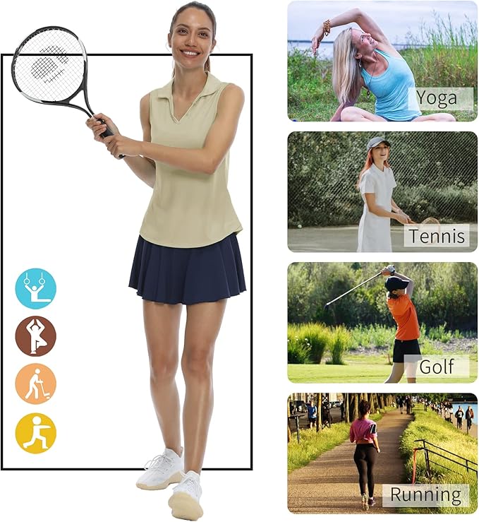 LastFor1 Women's Sleeveless Polo Golf Shirts Quick Dry 50+ UV Protection V-Neck with Collar Lightweight Tennis Tank Tops