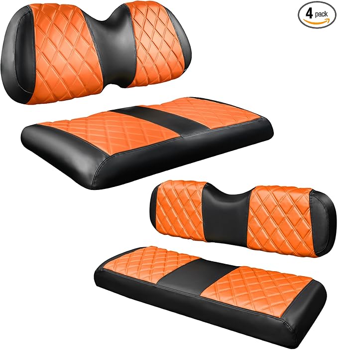 NOKINS 4PCS Golf Cart Diamond Seat Covers Kit,Front and Rear Seat Covers for Club Car Precedent/EZGO TXT/Yamaha Original Regular Seat Cushion (Orange and Black, Club Car Precedent)