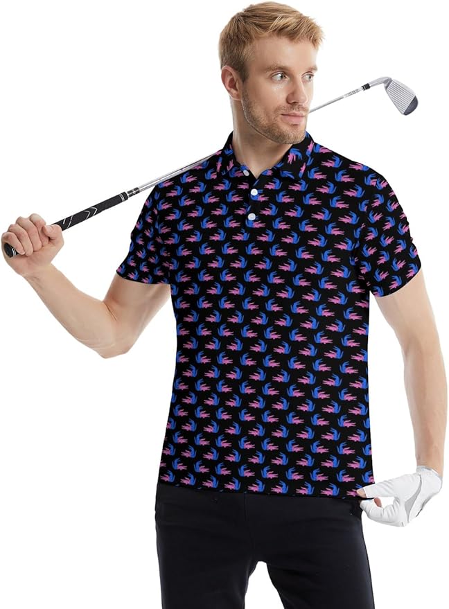 HUURAY Funny Golf Polos for Men Funny Print Short Sleeve Shirts Quick Dry Polo Shirts Hawaiian Shirt Performance Golf Outfits