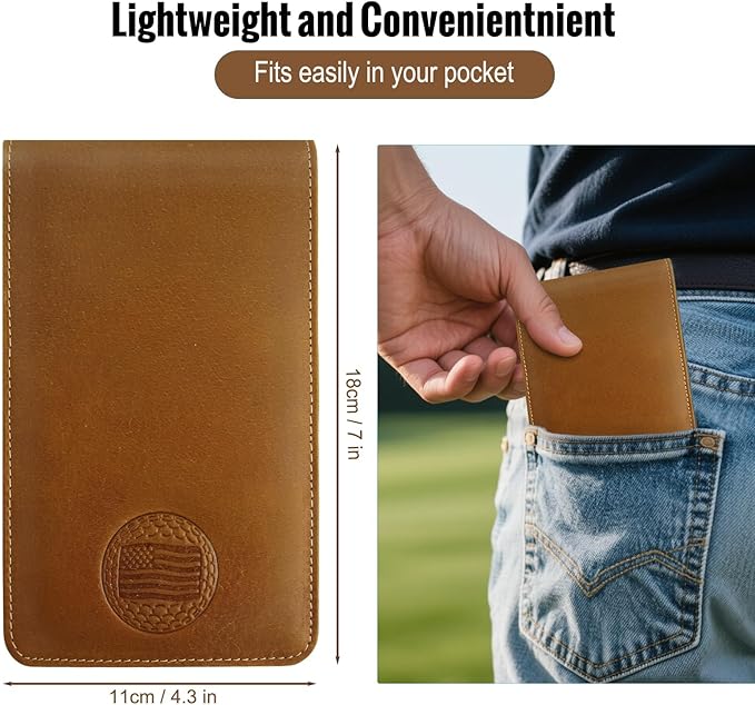 Leather Golf Scorecard Holder: USA Genuine Crazy Horse Leather Golf Yardage Book Cover with 1 Scorecard 1 Pencil Golf Notebook Back Pocket Cool Golf Gifts for Him Golfers Men