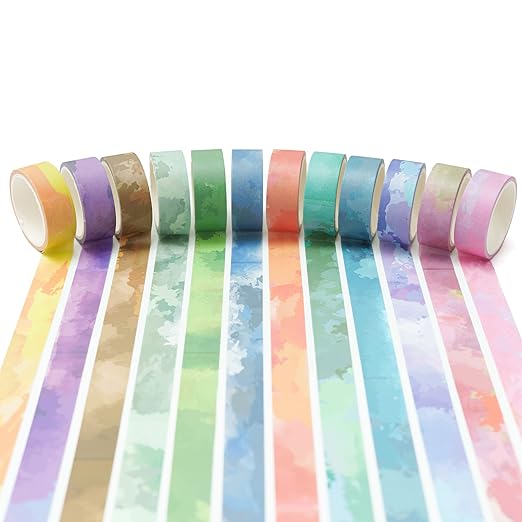 YUBX Watercolors Washi Tape Set 12 Rolls Pastel Colors Masking Macaron Graphic - Image 3