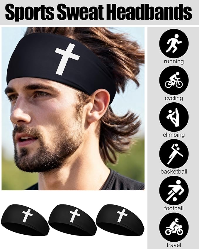 Shihanee 3 Pcs Christian Headbands for Men Jesus Cross Athletic Sweat Bands Christian Workout Accessories Moisture Wicking Sports Hairbands for Football Baseball Basketball Running Training