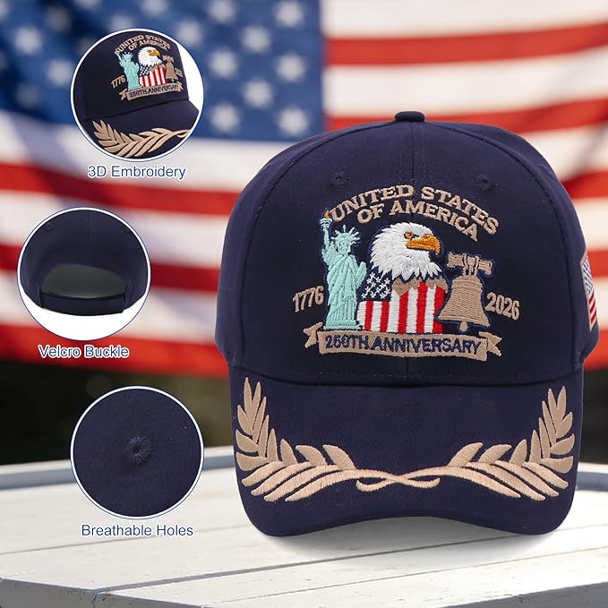 2 Pack 250 Anniversary USA Hat Embroidered Eagle & Liberty，Adjustable Patriotic American Flag Baseball Caps for Men Women
