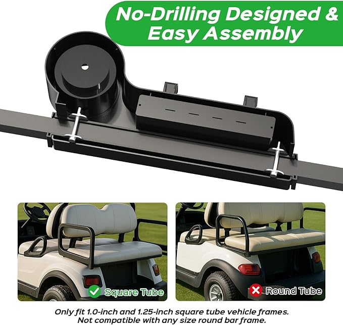 Golf Cart Armrest with Cup Holder - Universal Fit for EZGO/Club Car/Yamaha Rear Seat, Fits 1”/1.25” Square Tube Frames, Durable ABS Construction, Phone Holder, No Drilling