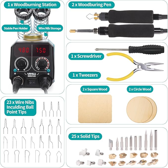 YIHUA 939D-VII Pyrography Tool Wood Burning Pen Kit Station 2-in-1 Solid-Point - Image 8