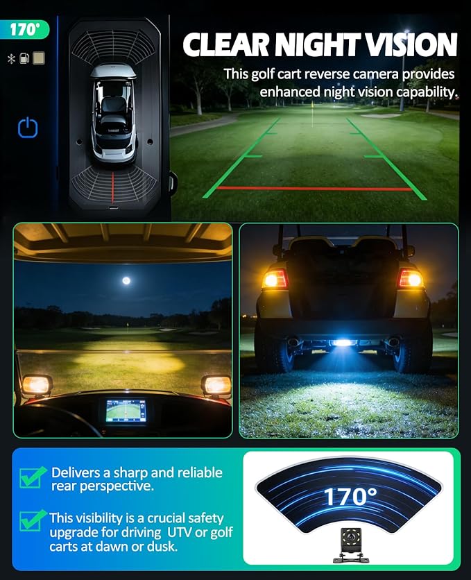 Golf Cart Backup Camera, Waterproof Golf Cart Accessories with 4.3" 16:9 Monitor for Club Car EZGO Yamaha UTV, Direct 17-60V Battery Hookup, No-Drill Installation Golf Cart Rear View Reverse Camera