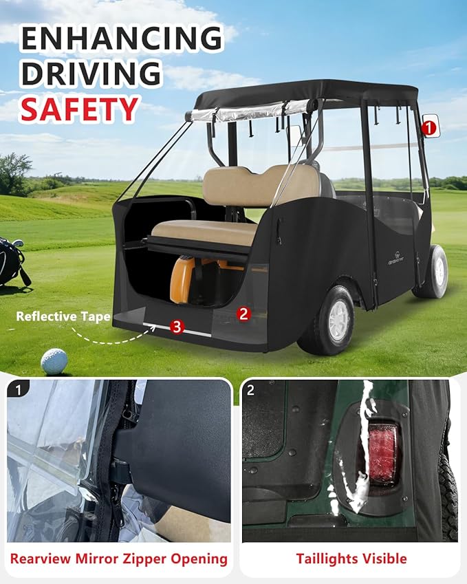 Golf Cart Enclosure 4 Passenger, Ezgo Golf Cart Cover for TXT Short Roof 2+2 Seater,Waterproof 600D Oxford Rain Cover Driving Enclosure,Roll Up 4-Sided Clear Windows&Door
