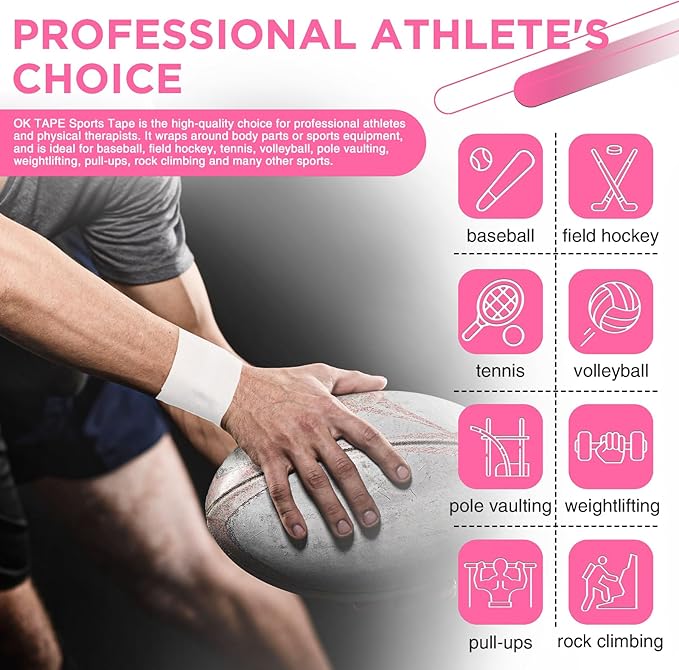 OK TAPE Athletic Sports Tape（4 Packs) White- 32.8ft Per Roll Athletic Tape for Injuries,Strong Stick No Residue Athlete & Sport Trainers First Aid Injury Wrap, Hockey Stick