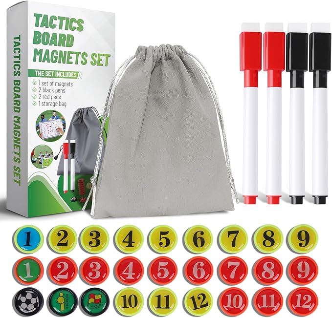 ZPU 27 Picese Soccer Board Magnets, Soccer Magnets Set with 2 Dry Erase Black Marker Pens, 2 Red Marker Pens, 1 Storage Bag, Tactics Strategy Board Coaches Clipboard Accessories (Board NOT Included)