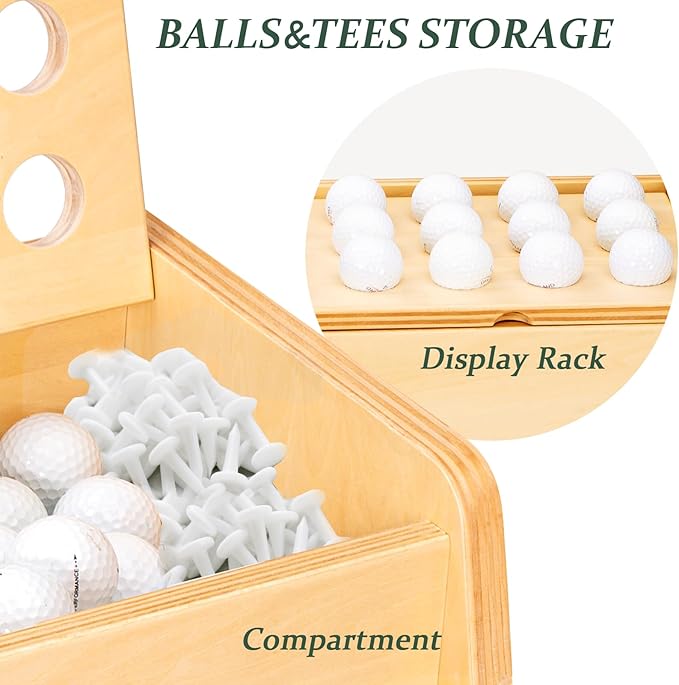 WINGYZ Premium Birch Plywood Golf Bag Storage for 2 Bags | 36lb Rock-Solid Golf Bag Organizer | 7-Shelf Command Center | Artificial Turf 12-Ball Display | No Wall Mounting Required (Natural)