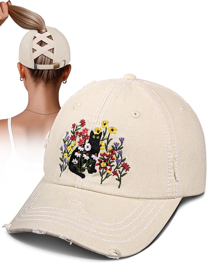 Flafens Women Pony Hats High Ponytail Baseball Caps - Cotton Vintage Washed Distressed Adjustable Criss Cross Trucker Hat