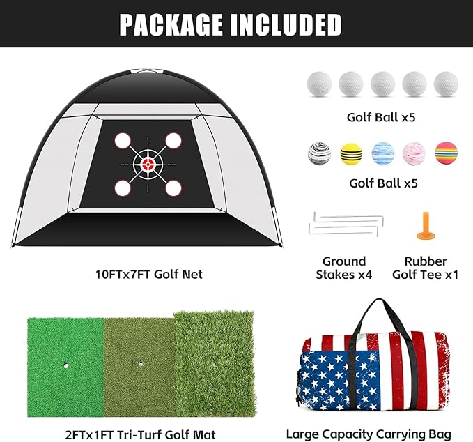 Golf Net Practice 10x7ft with Tri-Turf Mat & Real Balls Set Indoor Outdoor Golf Training Equipment for Backyard Driving Practice Enthusiast Gifts