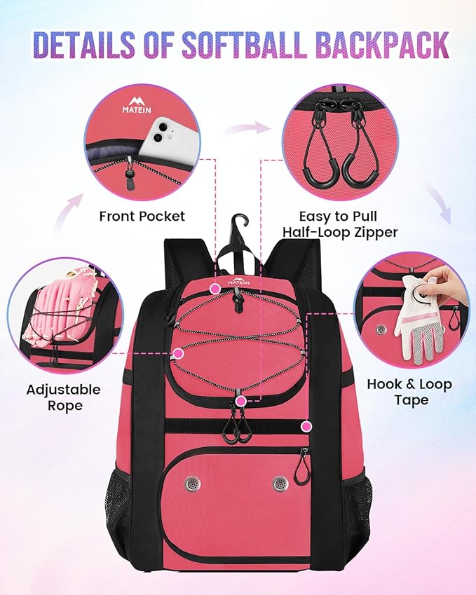 MATEIN Softball Bag, Lightweight Baseball Backpack with Shoe Compartment, Baseball Bag with Fence Hook for TBall Bat & Equipment, Softball Gifts Catchers Backpack for Women Fit Catcher’s Mitt, Helmet