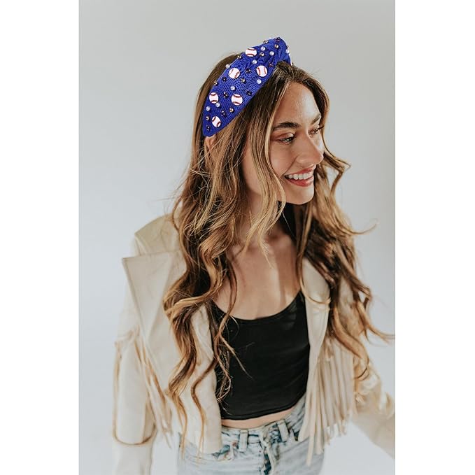 Baseball Headband for Women Baseball Accessories Beaded Crystal Pearl Knotted Headbands Baseball Charm Embellished Headband Wide Top Knot Sports Game Day Headband Gifts (A-Navy Blue)