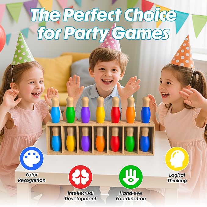 Color Matching Toy Set for Kids, Wooden Bowling Color Matching Game - Image 6