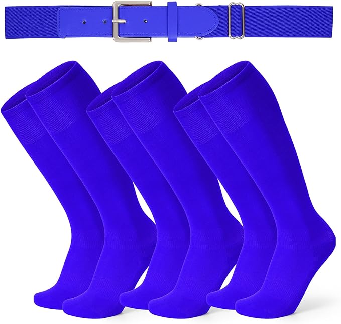 XZQTIVE 3 Pairs of Baseball Softball Socks and 1 Baseball Softball Belt Combo Set Knee-High Soccer Socks for Kids Youth Adult