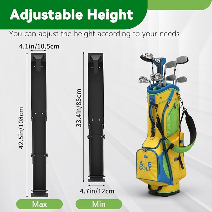 tonchean Wall Mount Golf Bag Storage Stand Stretchable Golf Bag Holder for Wall Foldable Golf Storage Organizer for Golfing Clubs, Home, Basement, Adjustable Range 33.4–42.5 Inch