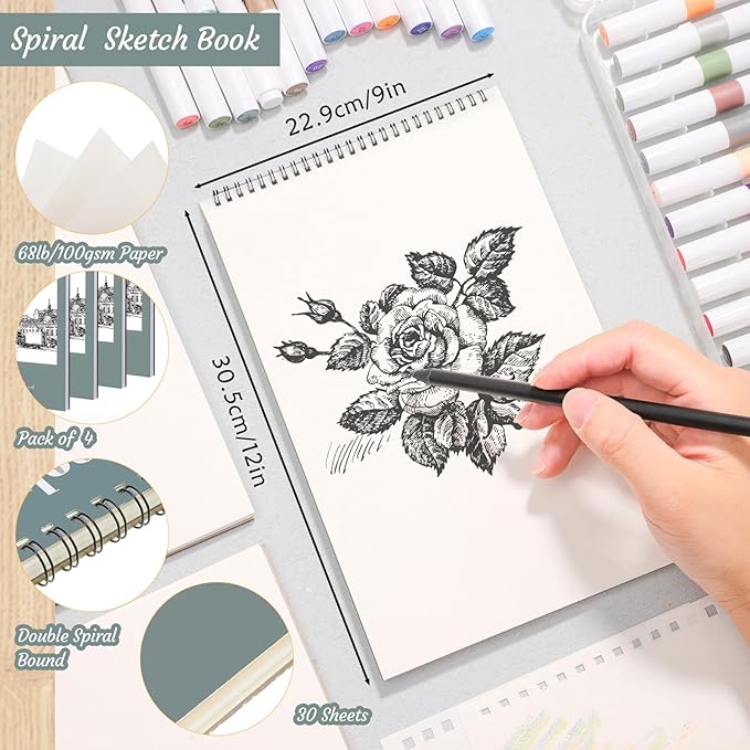 4 Pack Sketch Book, 9 x 12 Inch Sketchbook, 68lb/100gsm Top Spiral Bound Sketch - Image 2