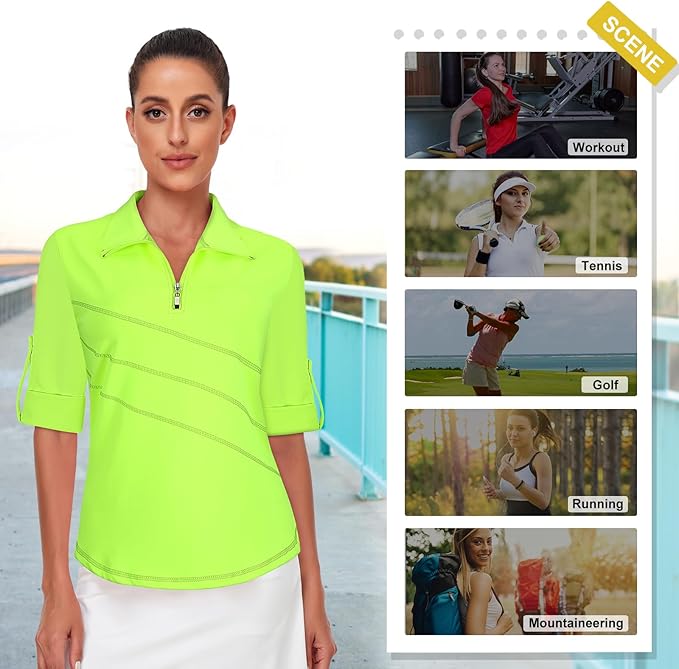 Koscacy Women's 3/4 Roll Sleeve Golf Tennis Polo Shirts UPF50+ Half Zip Dry Fit Workout Tops Athletic Shirt