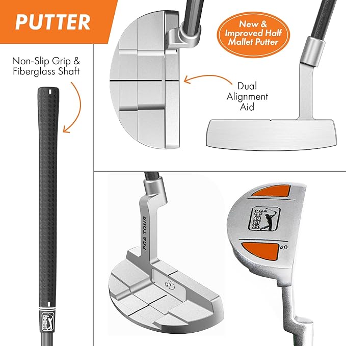 PGA Tour Youth Golf Club Set for Ages 5-15+ (3’5”-5’10”), Right and Left-Handed Kids Golf Sets – Beginner Junior Golf Clubs with Lightweight Stand Bag, Mallet Putter, Hybrid, Driver