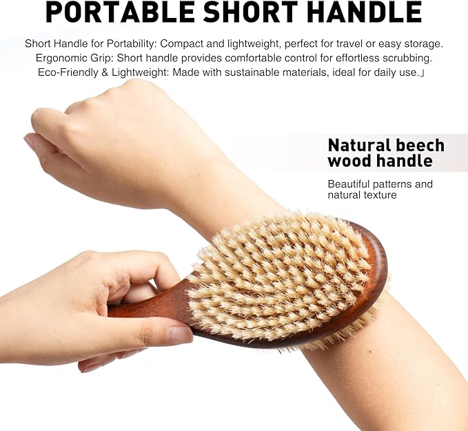 Short-Handle Dual-Sided Bath Massage Brush, Soft Boar & Firm Sisal Bristles - Image 4