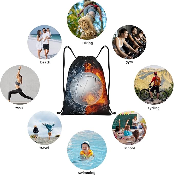 Volleyball Drawstring Bag Sports Drawstring Backpack for Kids Teens Boys Girls Adults Women Men, Sport Gym Swim Travel Work Hiking Daypack Bag with Water and Fire Pattern Printed, Small