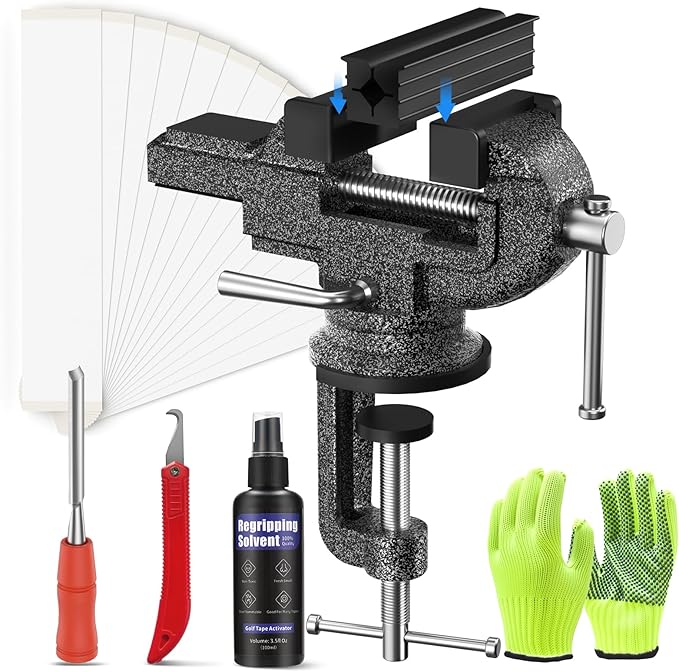 Golf Grip Kit for Regripping Golf Club, Golf Grip Removal Tool with Portable Vise Clamp, Solvent, 15 Double-Sided Tapes (2"x10"), Hook Knife & Tape Remover & Rubber Sleeve – DIY Golf Club Repair Kit