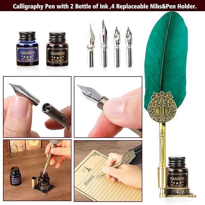 Quill pen ink set, Feather Pen and Ink Set, Antique Calligraphy Pen - Image 2