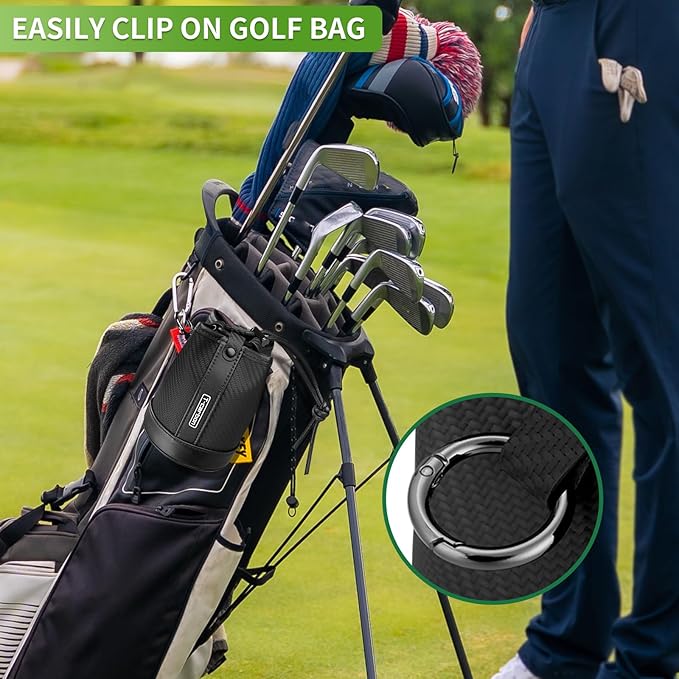 T-carbon Travel Gear Professional Valuables Golf Pouch;Bucket Waist Design Bag with Drawstrings;Carbon Fiber and Leather Golf Tee Bag for Glofers Men Women Very Practical Black
