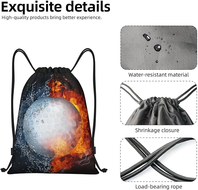 Golf Drawstring Bag with Water and Fire Pattern Printed Sports Drawstring Backpack for Kids Teens Boys Girls Adults Women Men, Sport Gym Swim Travel Work Hiking Daypack Bag, Medium