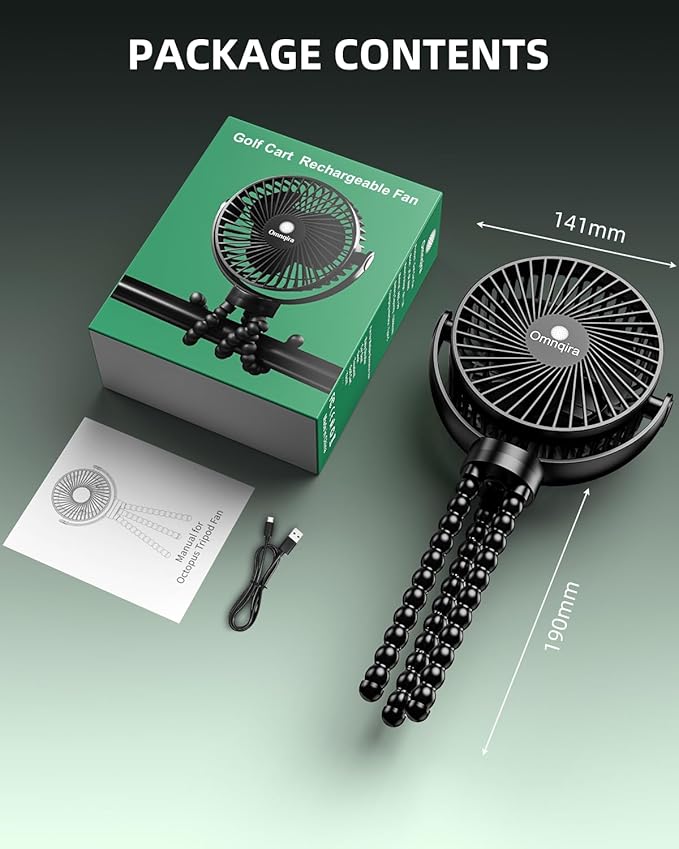 Golf Cart Fan Rechargeable, 12000mAh Battery Operated Portable Fan with 3 Speeds & Timer 360°Rotatable, Golf Palyer Essential Compatible with EZGO Club Car Yamaha Golf Accessories Gifts for Men Women