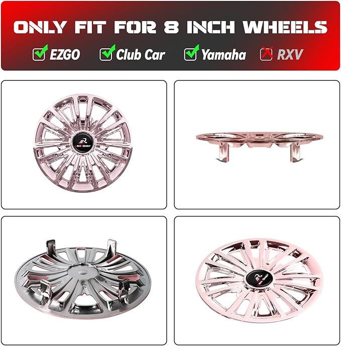 Golf Cart Hub Caps 8 Inch for EZGO/Club Car/Yamaha (Excludes EZGO RXV) Golf Cart Wheels and Tires, Snap-On Installation Wheel Covers Accessories, Premium ABS Plastic, Set of 4, Rose Gold