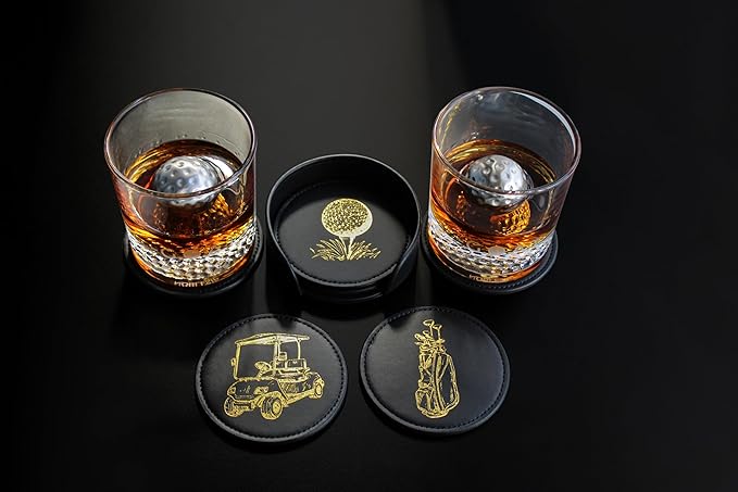 NOBLESIP® Golf Theme Coaster Set of 6 with Holder, Premium Black with Gold Designs, Bar Accessories for Golf Enthusiasts. Unique Decorative Designs. Home bar Gift, Golfer Gift