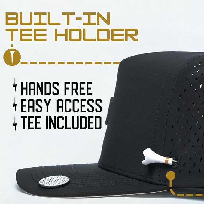 BRIMZ Golf Performance Hat - Tee Holder & Magnetic Ball Marker - Breathable, Sweat & Water Resistant Golfing Snapback Hat
