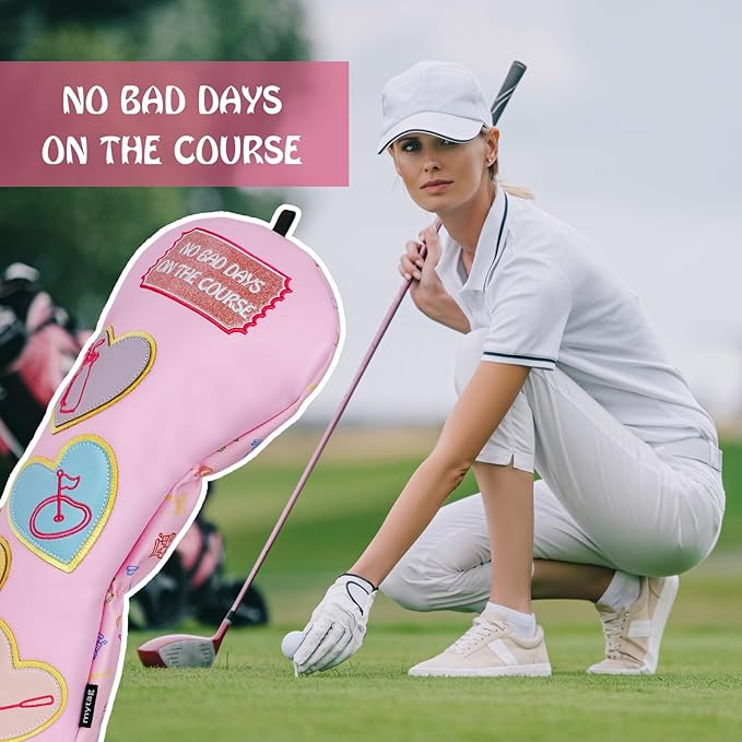 mytag Golf Head Covers Pink, No Bad Days On The Course Golf Club Covers Driver Fariway Hybrid Headcover for Women Girls