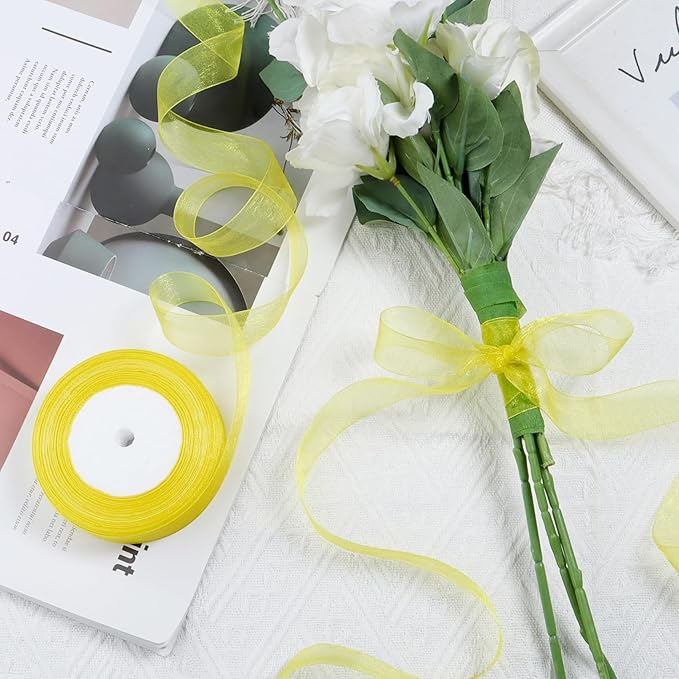 Ribbon for Gift Wrapping 3/4 inch Yellow Sheer Organza Ribbon for Flower - Image 4