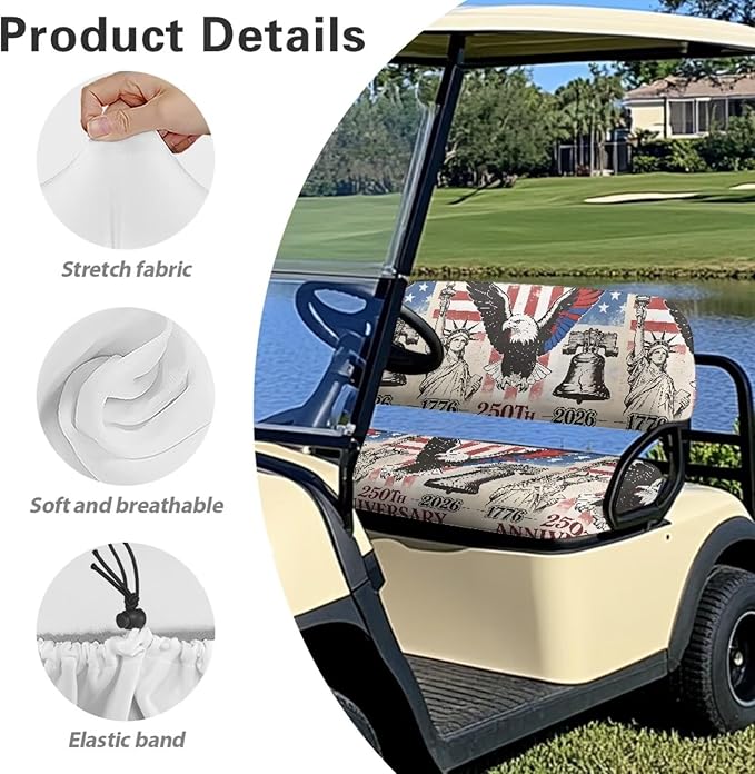 YewatllesGolf Cart Seat Covers, Fit Club Car Seat Cushion, Printed Club Car Accessories Seat Covers, No Nails Required Summer Eagle 250th American Flag